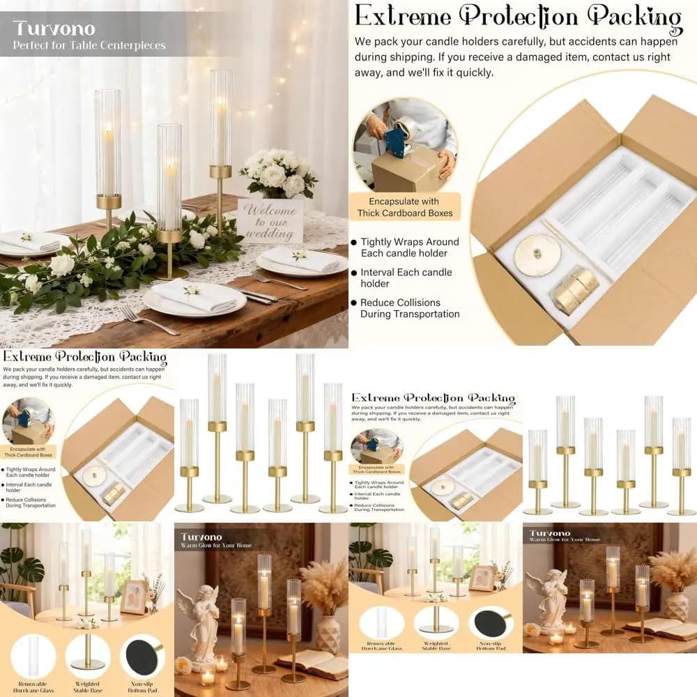 Set of 6 Golden Candle Holders, in Handy Candles Brass, Elegant Tavola Decoration for Weddings, Party and Special Events