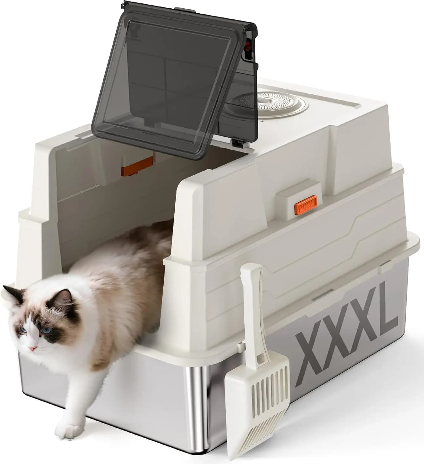 XXXL Stainless Steel Litter Box with Lid, 28" L x 20.5" W x 16.5" H, Extra Large for Large & Multi-Cat Families, Non-Sticky, Anti-Leakage, Easy to Clean (White)