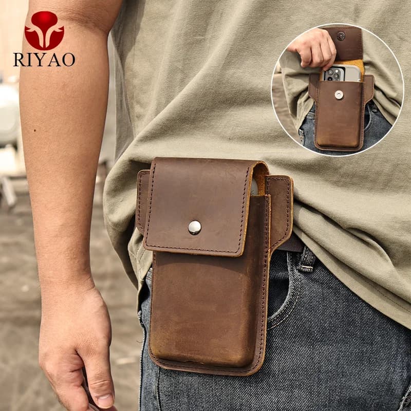 RIYAO Retro marsupio da uomo custodia in vera pelle per telefono con Clip da cintura per cellulare per iPhone 14pro 13 Samsung S22 S21