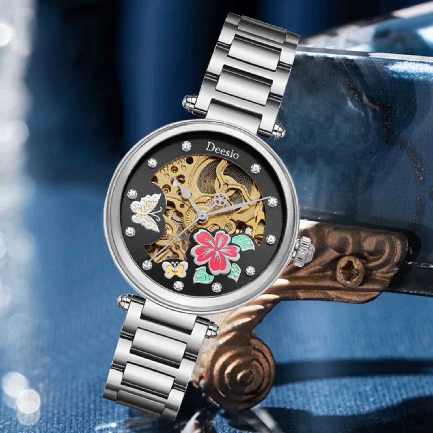 Orologio meccanico da donna Deesio con quadrante a forma di scheletro di farfalla in acciaio inossidabile, resistente all'acqua fino a 30 m, con strass e cristalli, regalo per donna