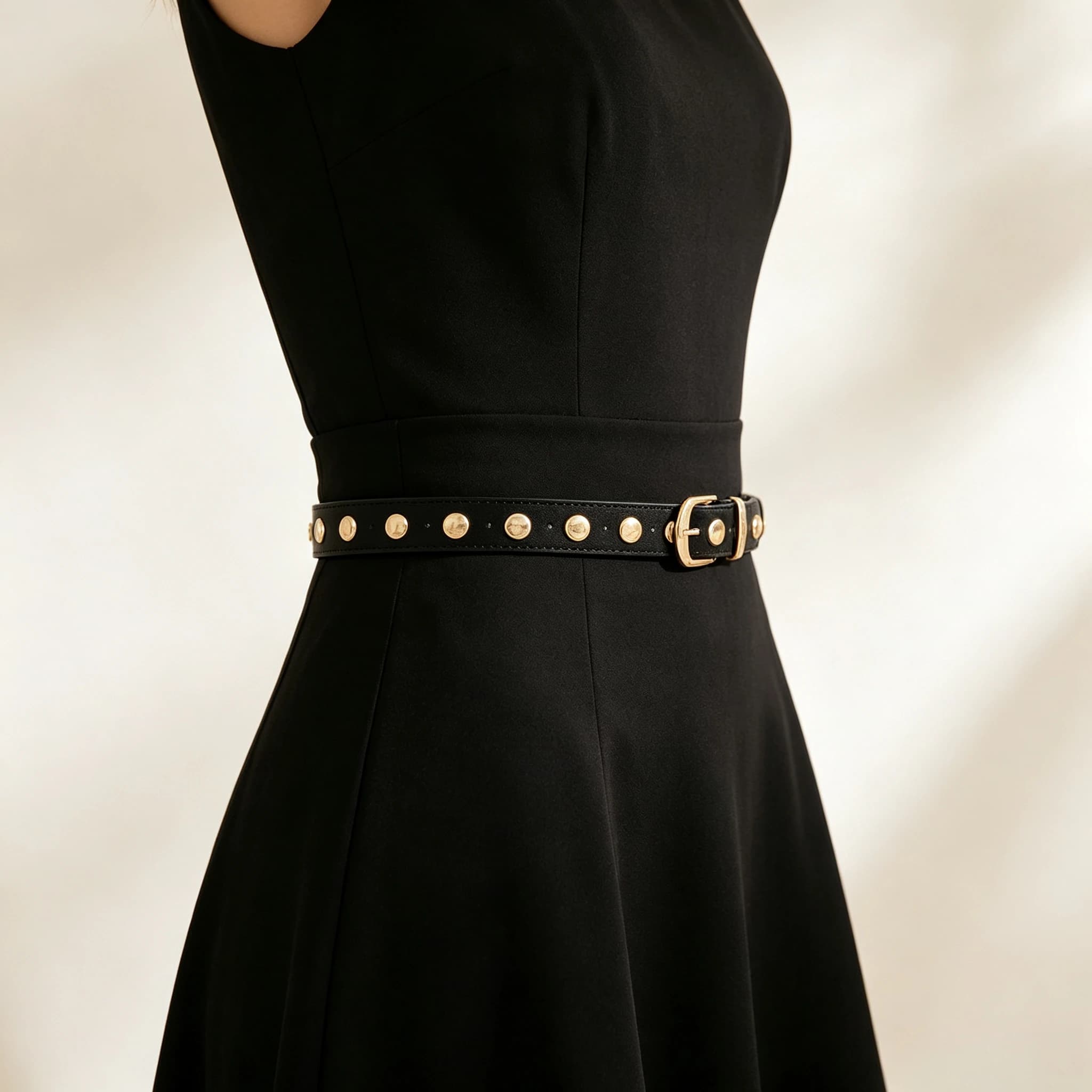 Black PU Thin Waist Belt With Gold Rivets Vintage Pin Buckle Dress Belt For Women