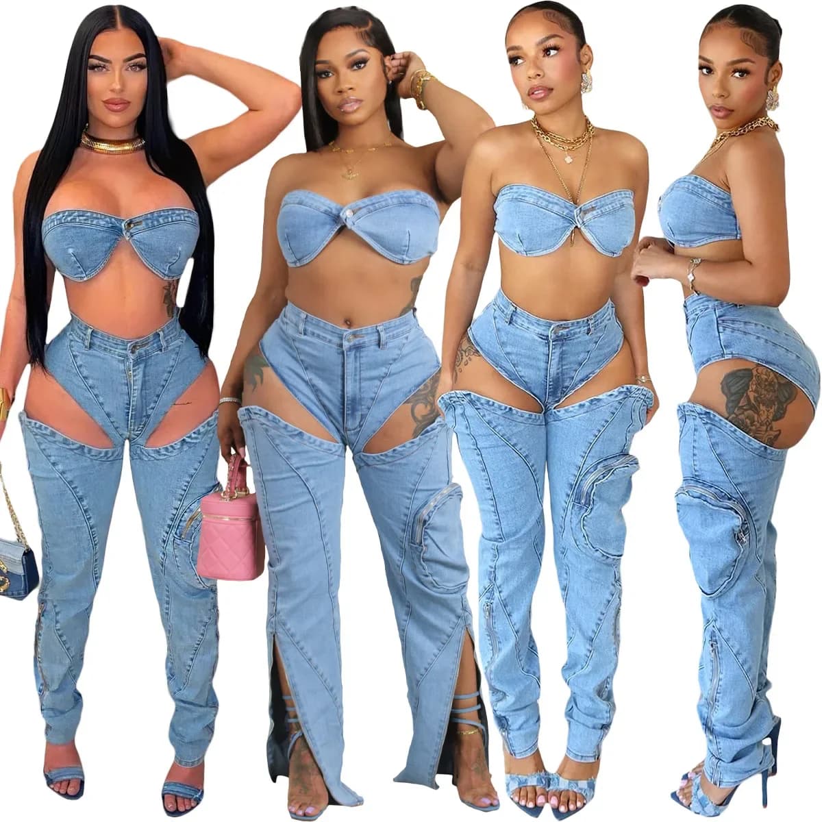 Set di pantaloni in denim per donna 2024 streetwear sexy set a due pezzi abiti avvolgenti sul petto senza maniche top senza schienale jeans scavati
