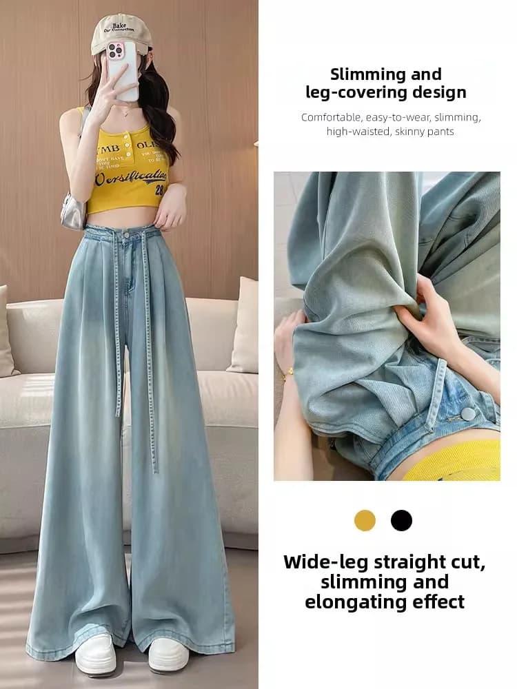 Jeans a Gamba Larga in Seta Blu per Donna, Nuovi Pantaloni Estivi Sottili e Comodi, Popolari e Super Trendy, a Gamba Dritta, Casual a Vita Alta