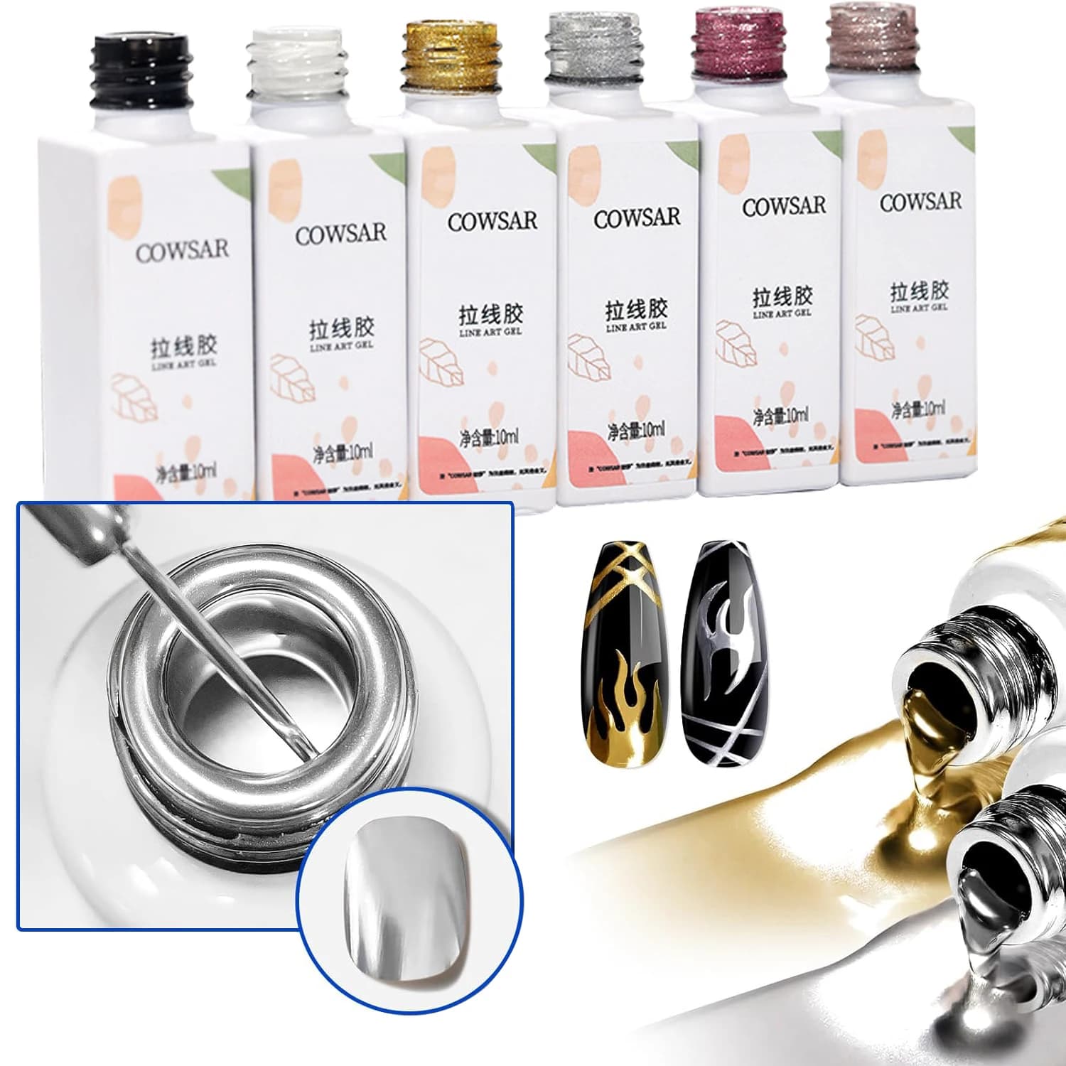 10ml Specchio 3D Gel Metallico Effetto Cromo Metallo Dipinto Disegno Gel Pennello Sottile Soak Off UV/LED Striper Gel per Salone di Manicure