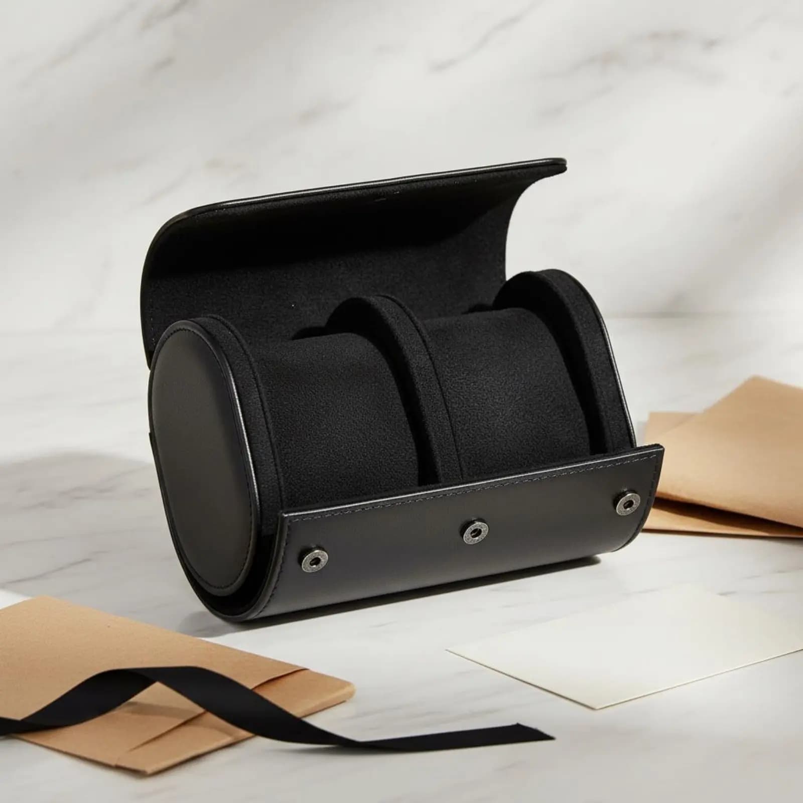 Custodia da Viaggio in Pelle per Orologi, Porta Orologi da Viaggio a Rullo Resistente con Chiusura a Scatto e Cuscini Rimovibili per Viaggiatori