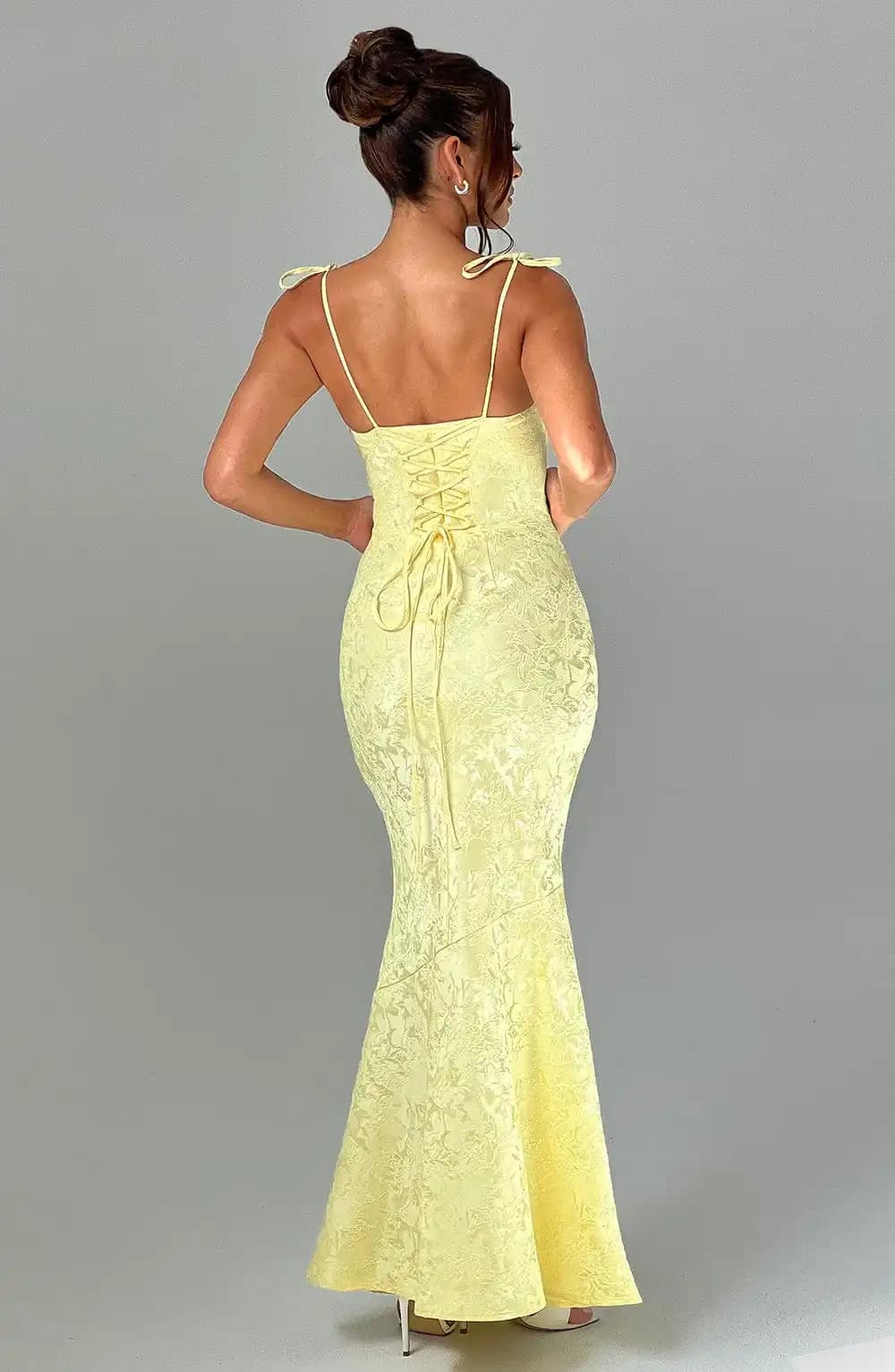 Women Pale Yellow Jacquard Mermaid Maxi Dress Tie‑Up Spaghetti Strap Square Neck Bodycon Long Evening Party Formal Gown Dresses