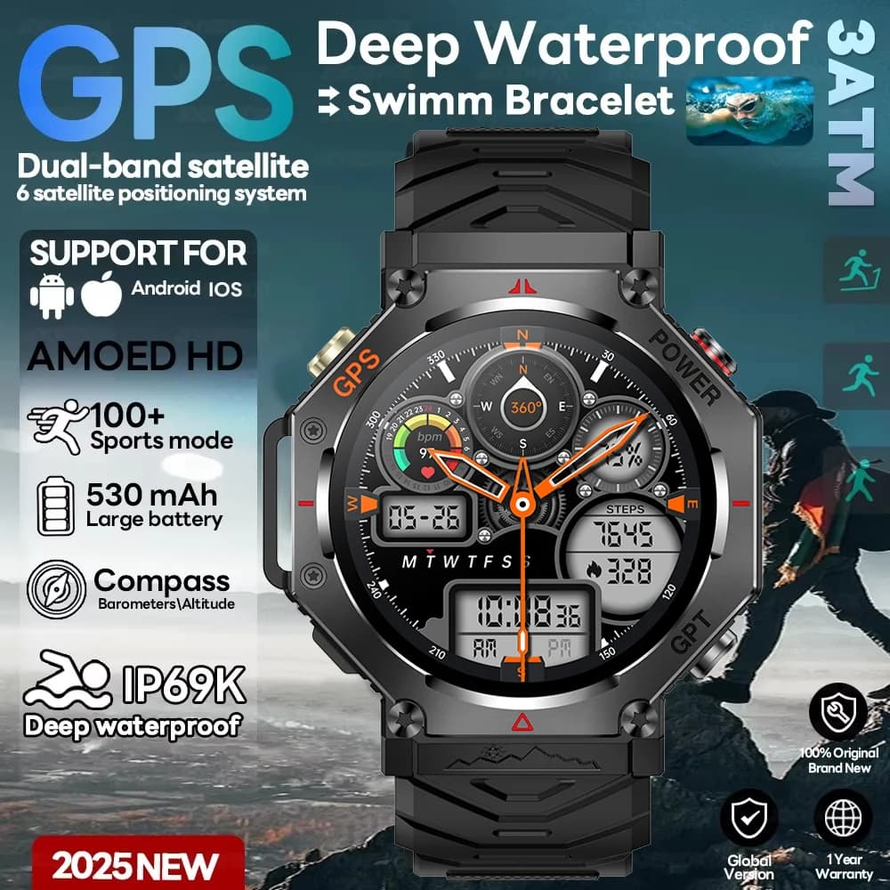 Nuovo Smartwatch Militare T-Rex 3 2025, Impermeabile 10ATM, GPS Integrato, Bussola, Altimetro Barometrico, AMOLED, Chiamate Bluetooth