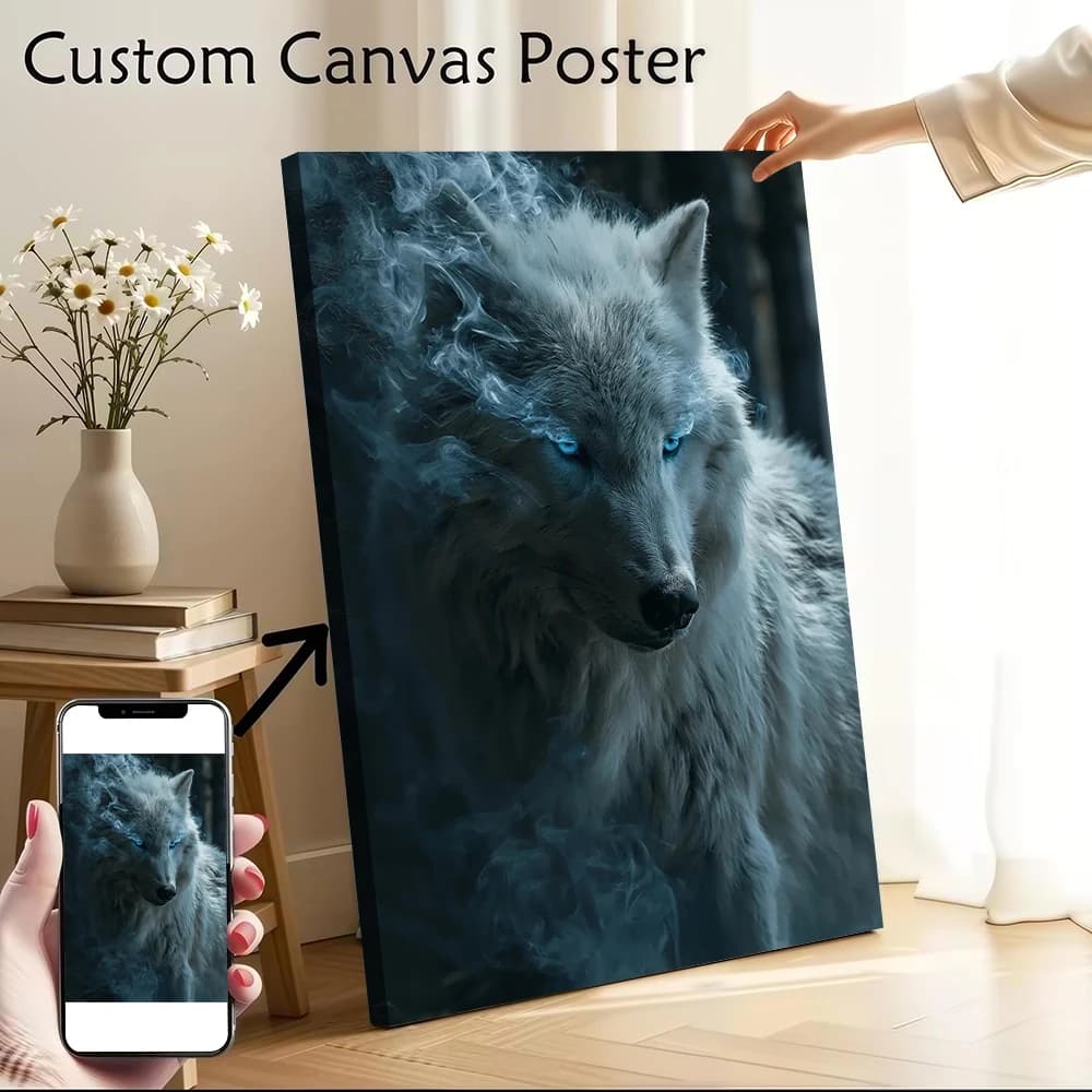 Poster Lupo Bianco Mistico con Occhi Blu, Stampa Personalizzabile su Tela per Quadri, Arte Murale, Dipinti Decorativi con Cornici