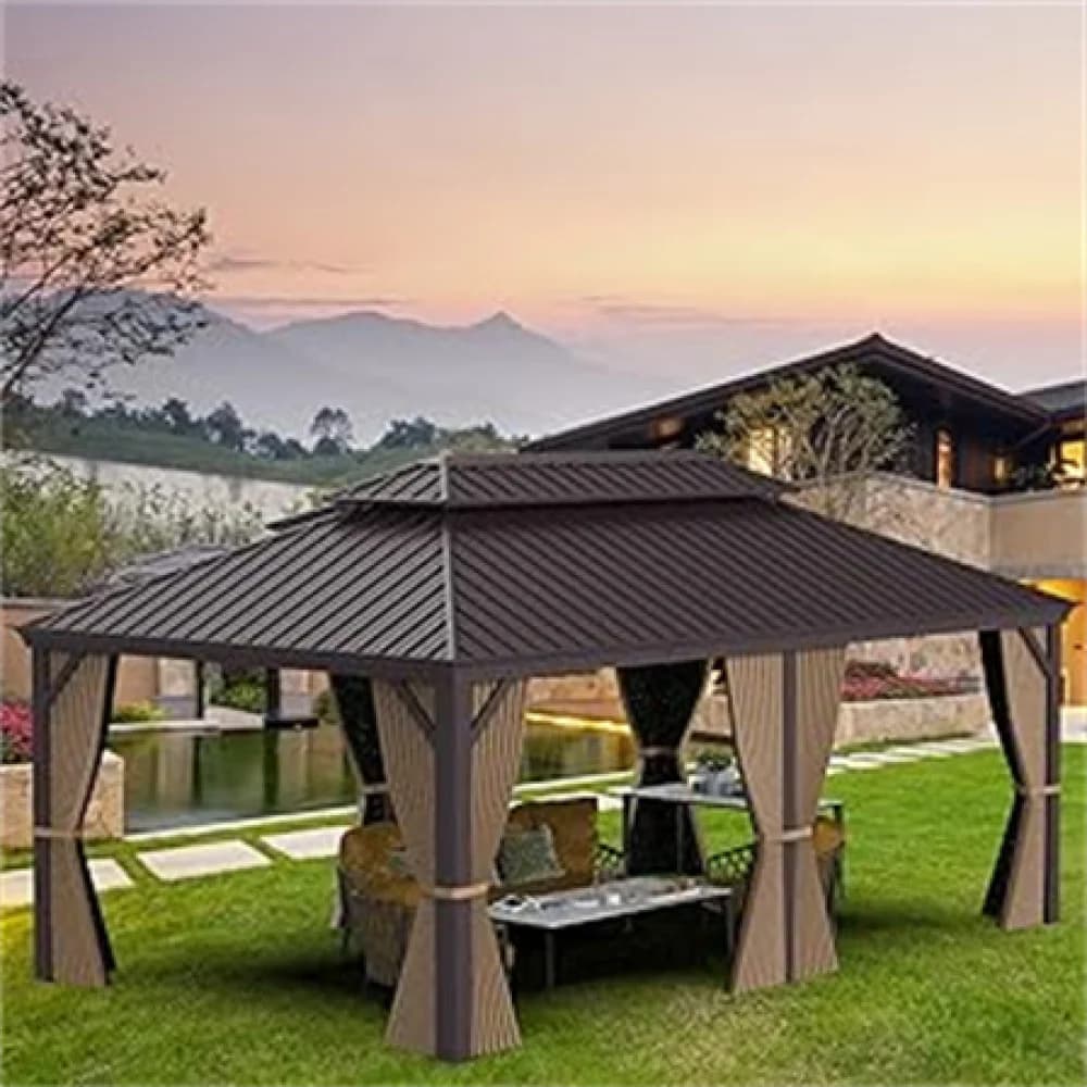 Ye 12'x20' Hardtop Gazebo, Outdoor Aluminum Frame Canopy with Galvanized Steel Double Roof, Permanent Metal Pavilion with Curtains & Netting for Patio, Backyard & Lawn (Brown)