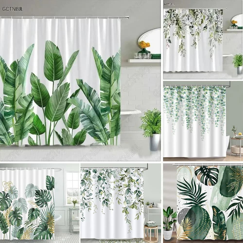 Tropical Banana Monstera Eucalyptus Leaf Print Waterproof Fabric Shower Curtain For Bathroom Decor