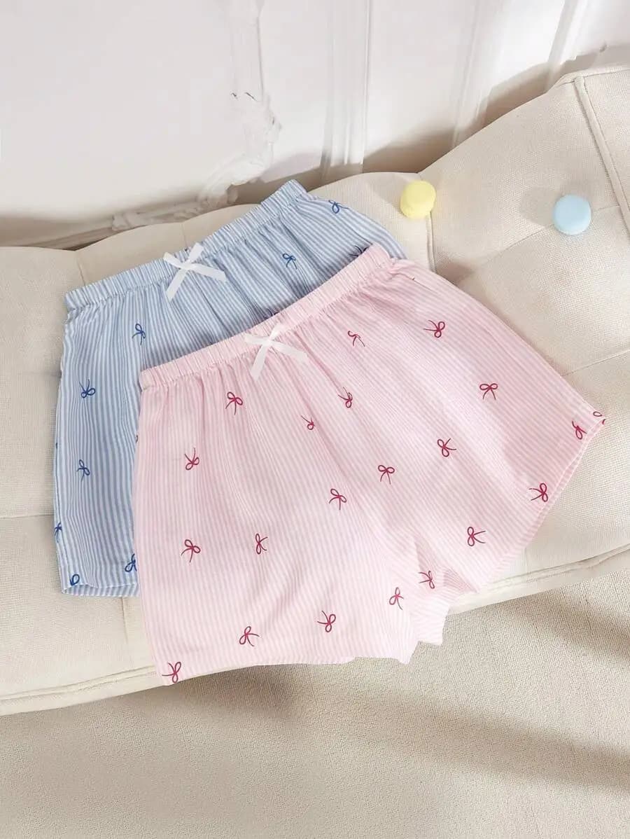 2 pantaloncini da notte a righe con stampa a fiocco, comodi pantaloni da pigiama per donna