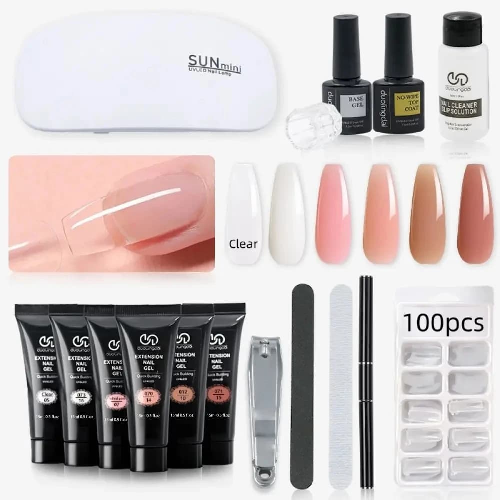 Kit gel per estensione poli 6 colori Collezione per tutte le stagioni Lampada per unghie Soluzione antiscivolo Base Top Coat Costruzione di estensioni per unghie completa
