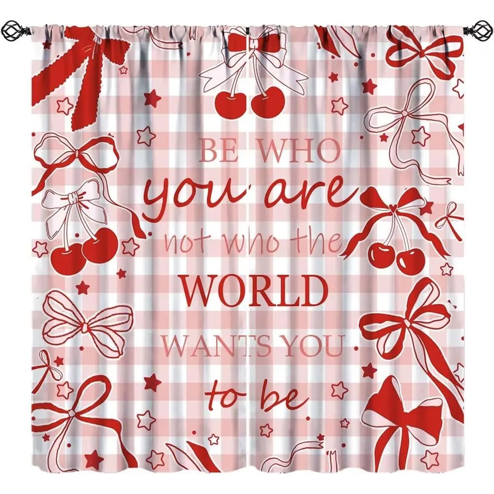 Aesthetic Inspirational Quotes Curtains with Cherries, Ribbons, and Plaid for Valentine's or Girls' Bedroom, 84 W x 84 L