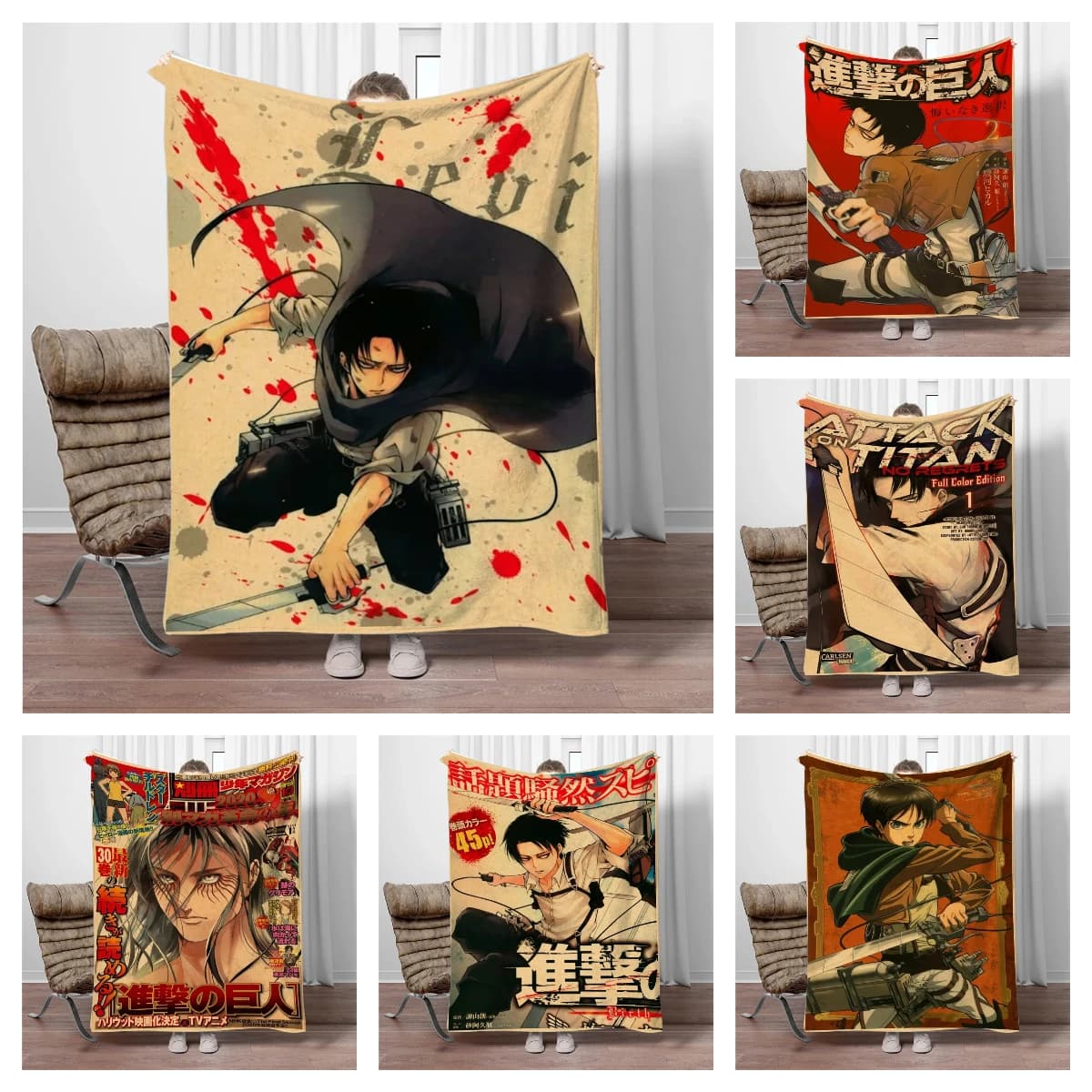 Coperta in flanella vintage giapponese con stampa anime Attack on Titan, morbida e calda, ideale per divano, ufficio, letto, campeggio e viaggi.