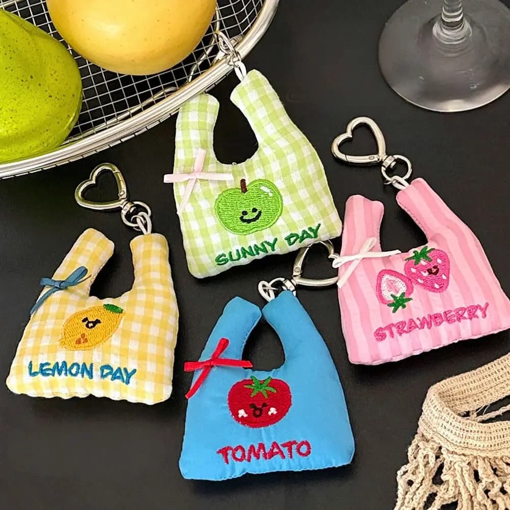 New Cute Fruit Handbag Design Keychain Cartoon Cloth Bag Key Ornament Shopping Bag Keychain Gifts