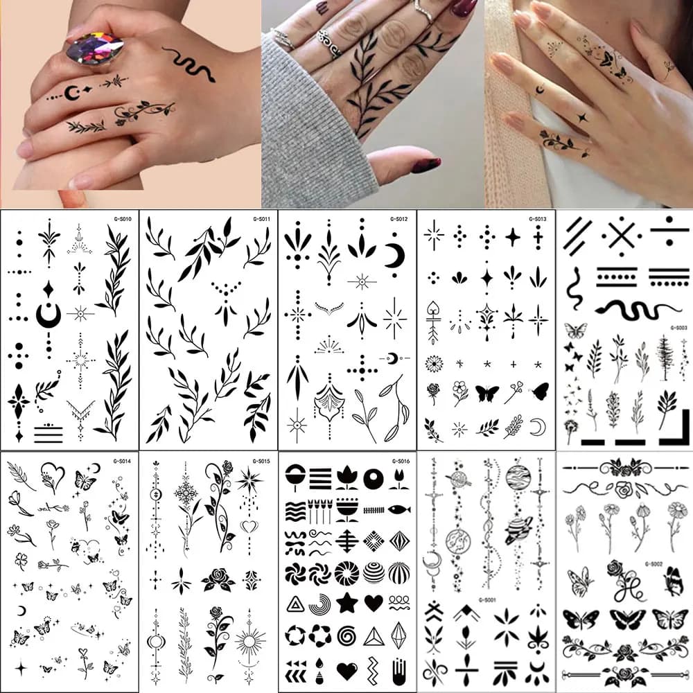 10 Sheets Black Finger Tattoo Stickers For Men And Women Realistic Butterfly Leaf Stars Temporary Tattoos for Hand Waterproof