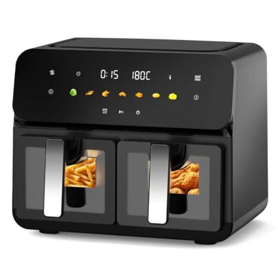 Friggitrice ad Aria Doppia da 10QT con 2 Cestelli da 5QT, Controllo Digitale Touchscreen, Finestra di Visualizzazione Facile, Funzione SyncCook, Cuoce 2 Piatti Contemporaneamente, 170°C