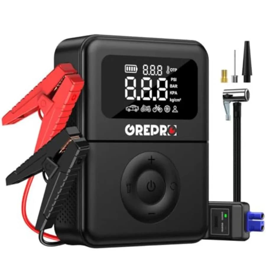 Avviatore di Emergenza con Compressore d'Aria 5000A, Avviatore Portatile per Batterie 10.0L Benzina/8.0L Diesel, Gonfiatore Pneumatici 150PSI, Batteria Auto 12V
