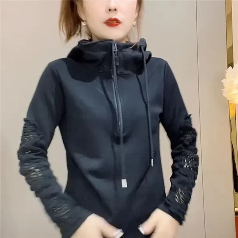 Dolcevita mezza cerniera felpa con cappuccio da donna design alla moda pullover patchwork cavo donna autunno floreale top all'uncinetto