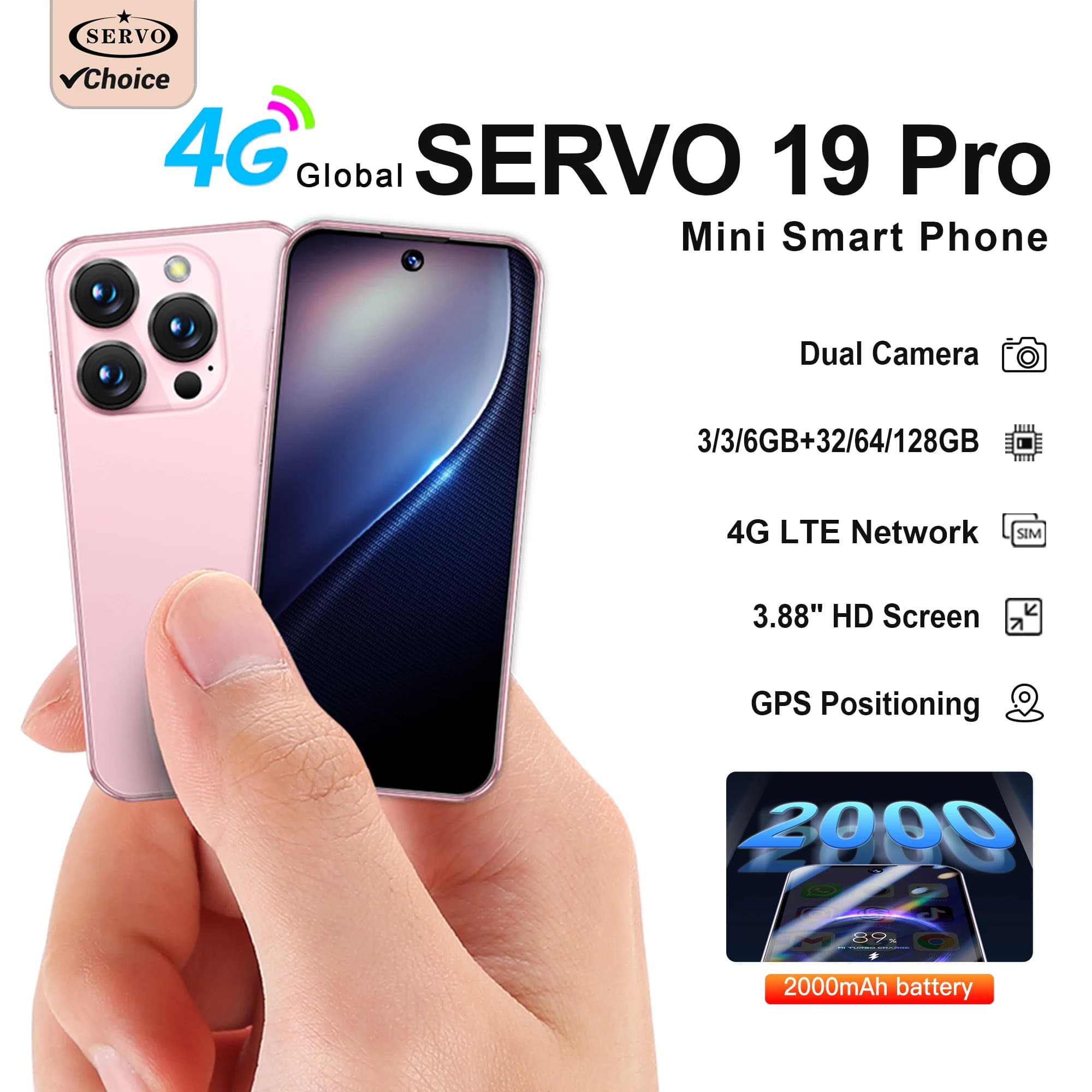 SERVO 19PRO 4G LTE Mini Smartphone Sistema Android 12.0 6GB+128GB Play Store WiFi Sblocco Facciale Dual SIM 3.88" Telefoni Intelligenti Tascabili