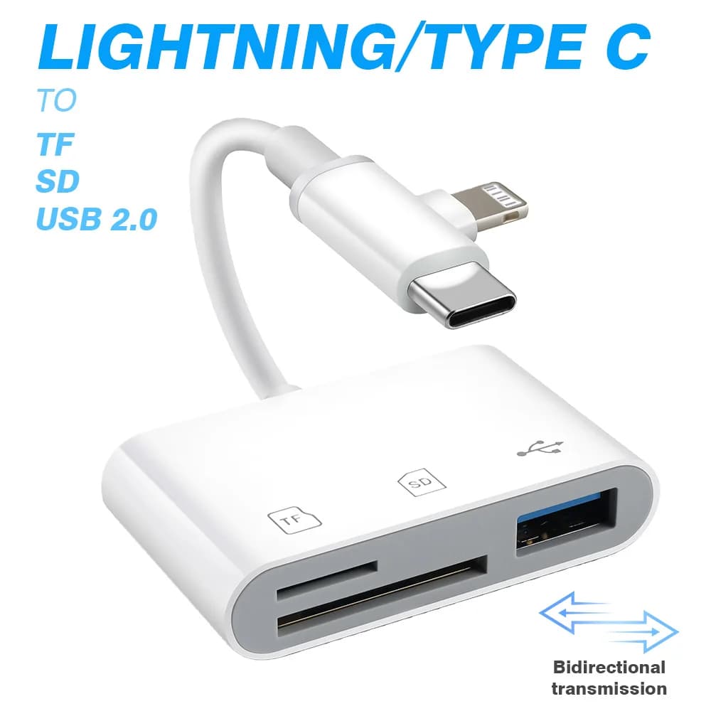 Lettore di schede di memoria multifunzione 3 in 2 Type-C Lightning a SD TF USB A per laptop e iPhone 17 16