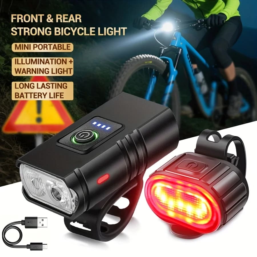 Set Luci per Bicicletta Anteriori e Posteriori, Ricaricabili USB, Faro MTB 1200LM, Luce Posteriore LED per Sicurezza nella Guida Notturna
