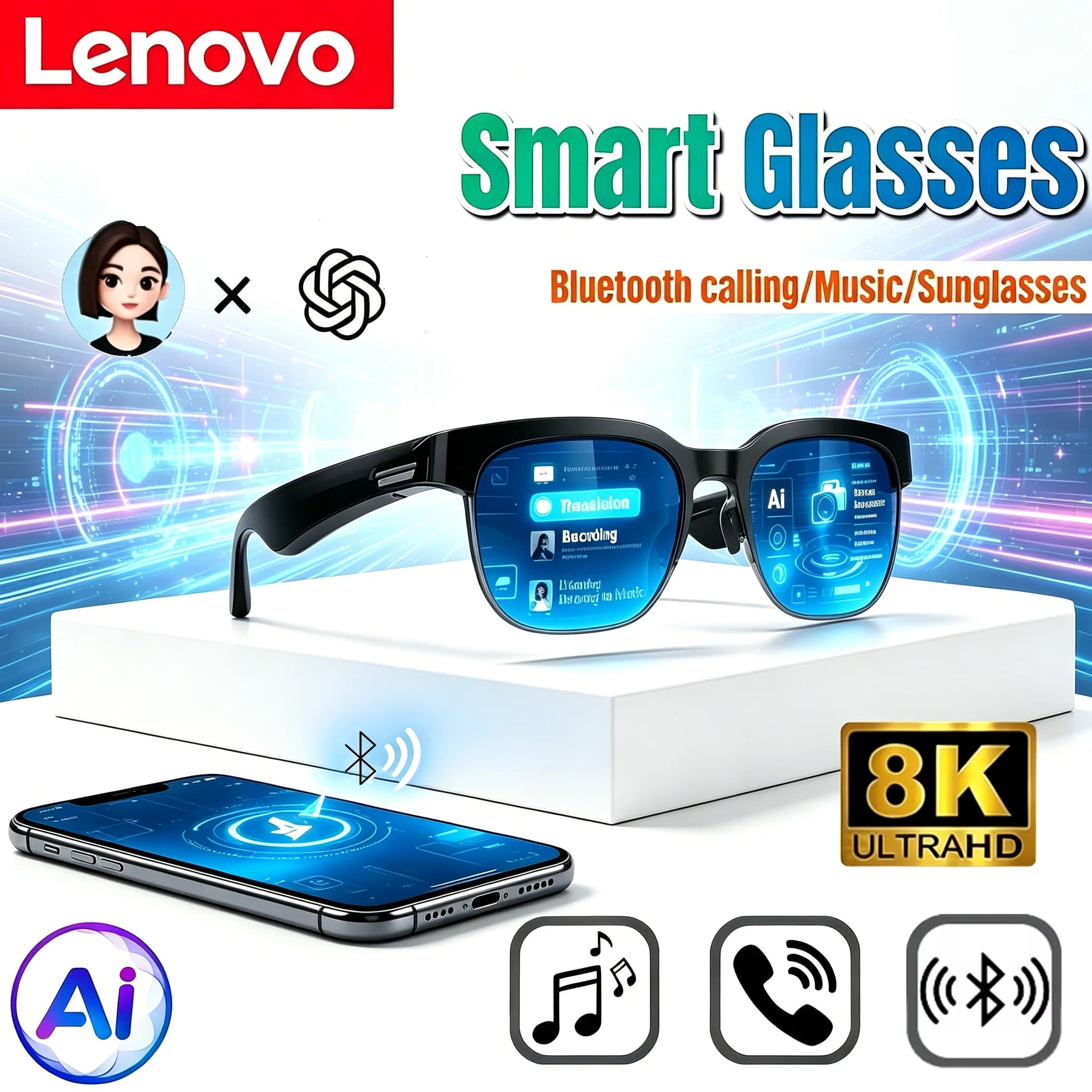 Lenovo 2026 New AI Smart Glasses 8K Smart Sunglasses AI Translation HD Calling AI Chat Logging Music Playback