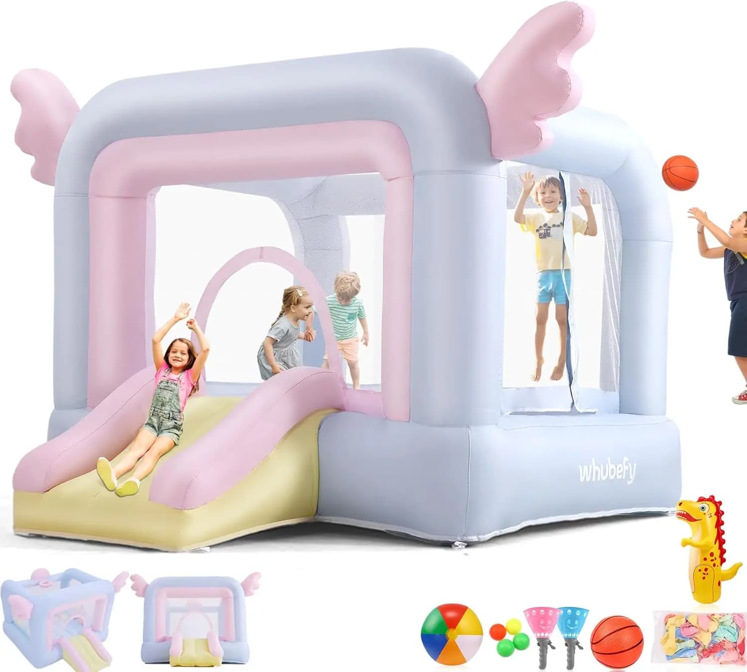 Inflatable bouncing house for kids All-in-ONE with Macaron balloons, catching balls set, boxing bag, beach ball, basketball, 106 x 85 x