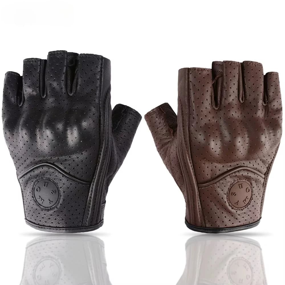 Fingerless Motorcycle Leather Gloves Protection Retro Summer Motocross Gloves Biker Motorcyclist Cycling Half Gloves Brown Black