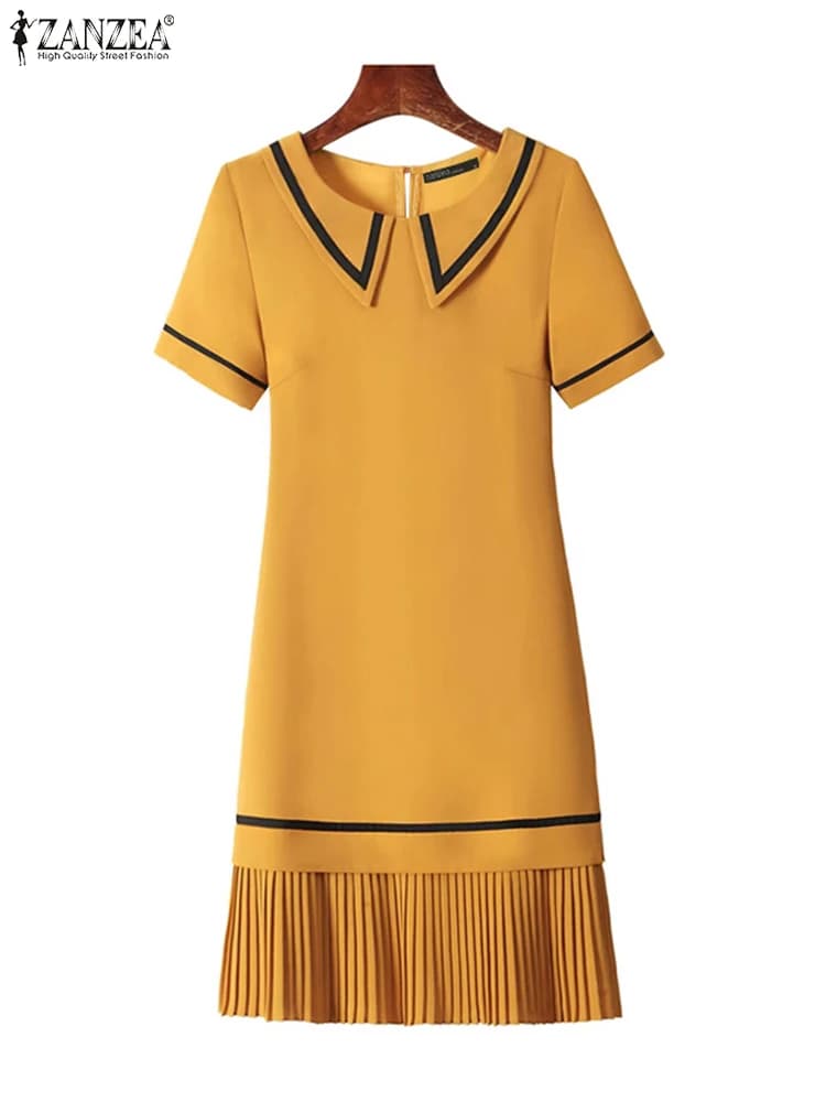2025 ZANZEA Summer Office Dresses Woman Elegant Rewind Sleeve Short Sleeve OL Pleated Dress Summer Dress Elegant Holiday Dresses Robe