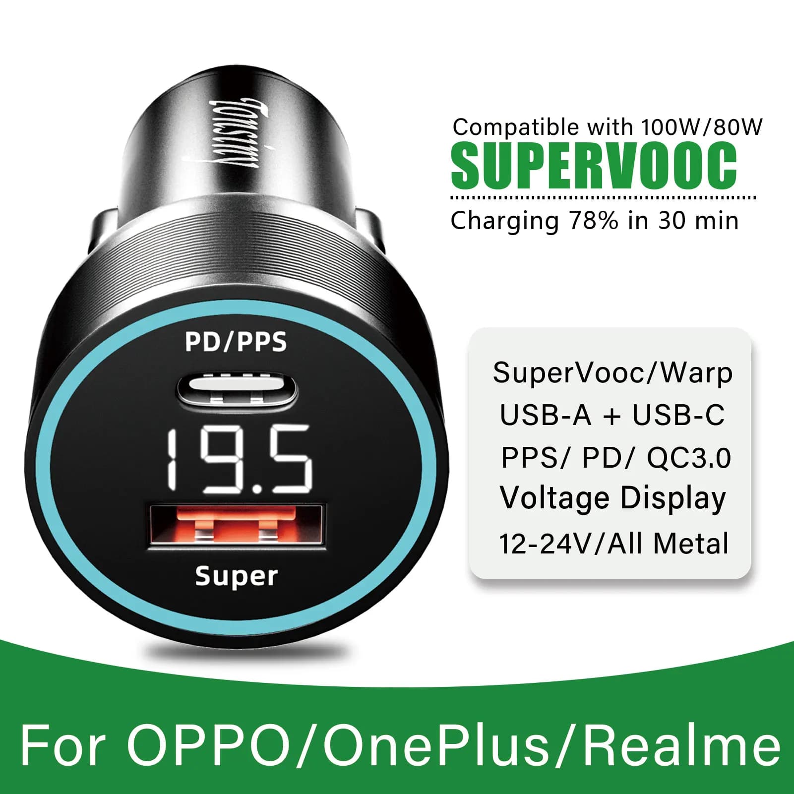 Caricabatteria da auto SuperVOOC da 100 W per OPPO Find X7 x6 Reno10 8 A78, adattatore da auto Warp da 80 W per Oneplus 11 10 Pro Nord 2T CE 2, presa accendisigari a 2 porte per Realme GT NEO 3 5 12 11 10 Pro