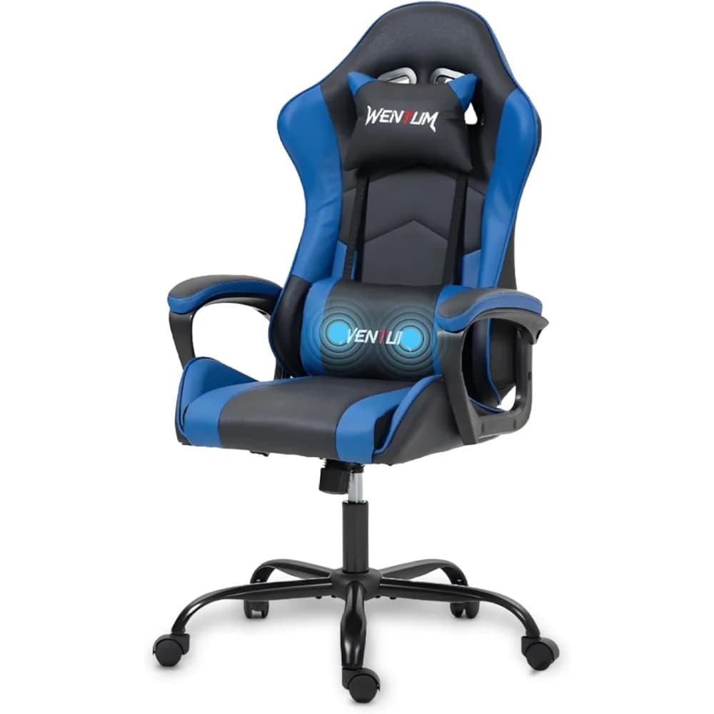 Sedia da gioco Sedia da computer ergonomica in pelle per adulti - Schienale alto, poggiatesta, supporto lombare per massaggi, sedile regolabile in altezza -