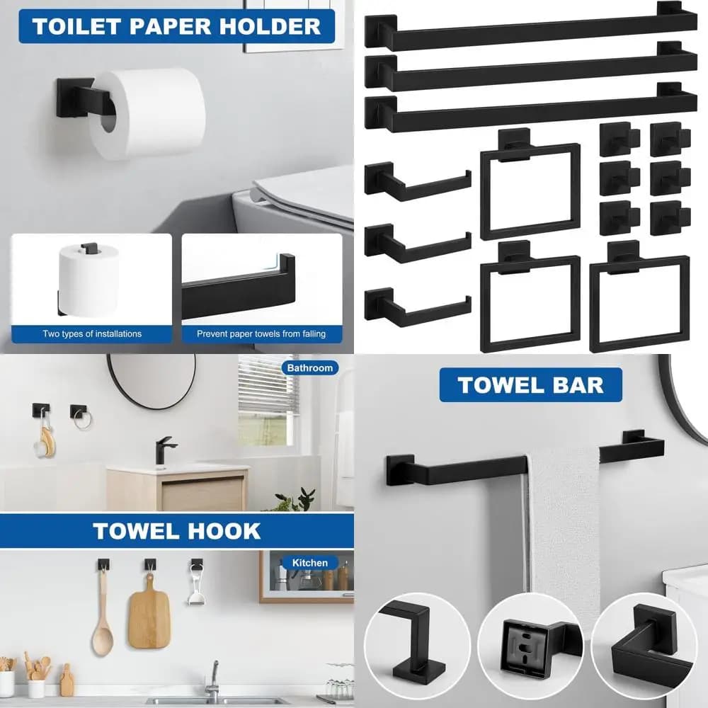 Set completo di accessori da bagno nero opaco da 15 pezzi: 24 portasciugamani, anelli, supporto, ganci e appendiabiti