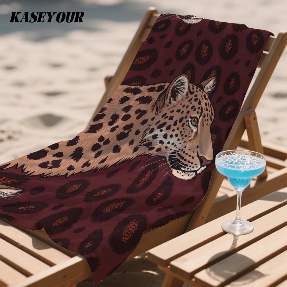 Luxury Leopard on Burgundy Compact Travel Beach Towel Super Absorbent Sand Resistant, Microfiber for Swimming Camping Yoga