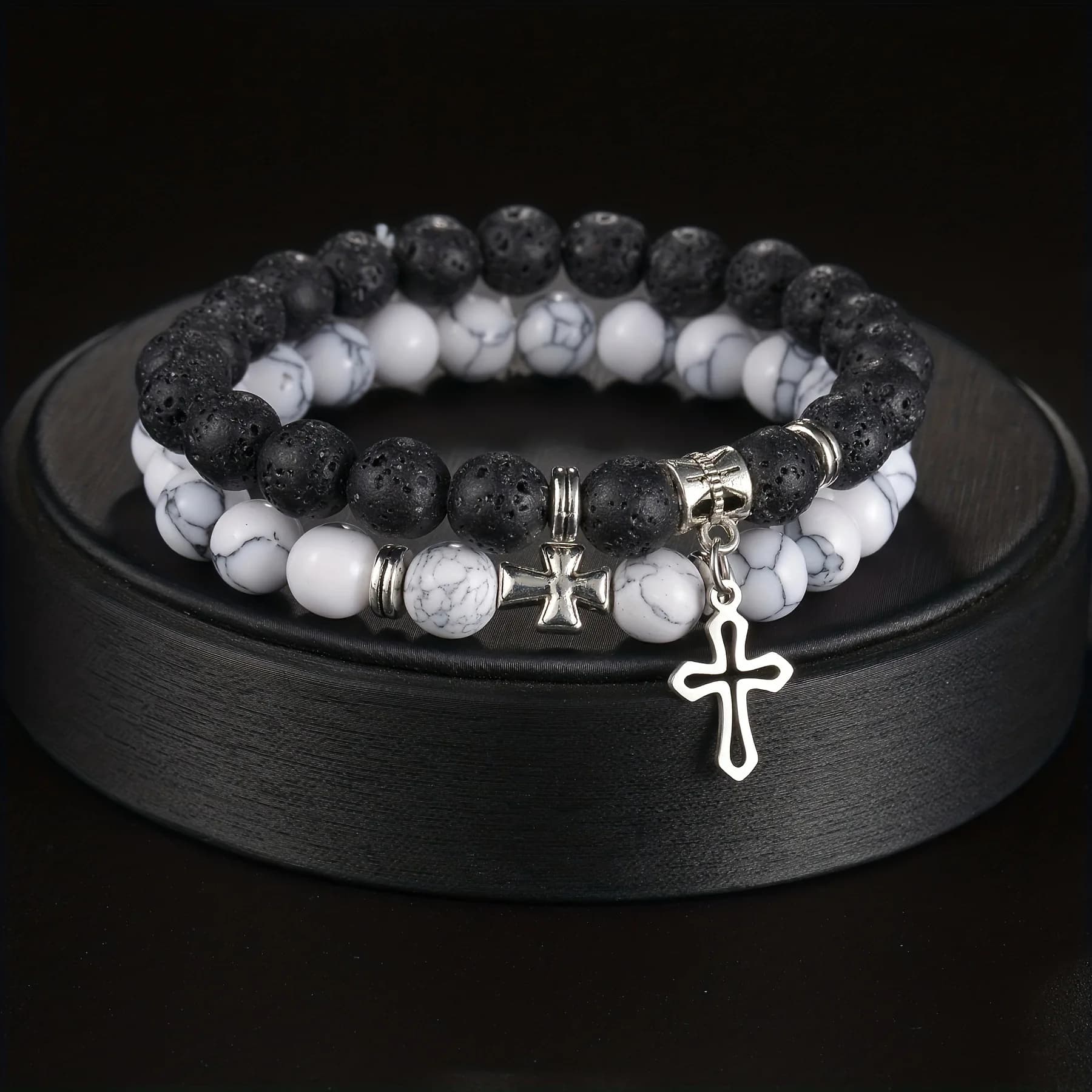 2pcs Set Trendy Nature Stone Cross Beaded Bracelets For Men Vintage White Turquoise Volcanic Stone Men’s Beaded Bracelets Gifts