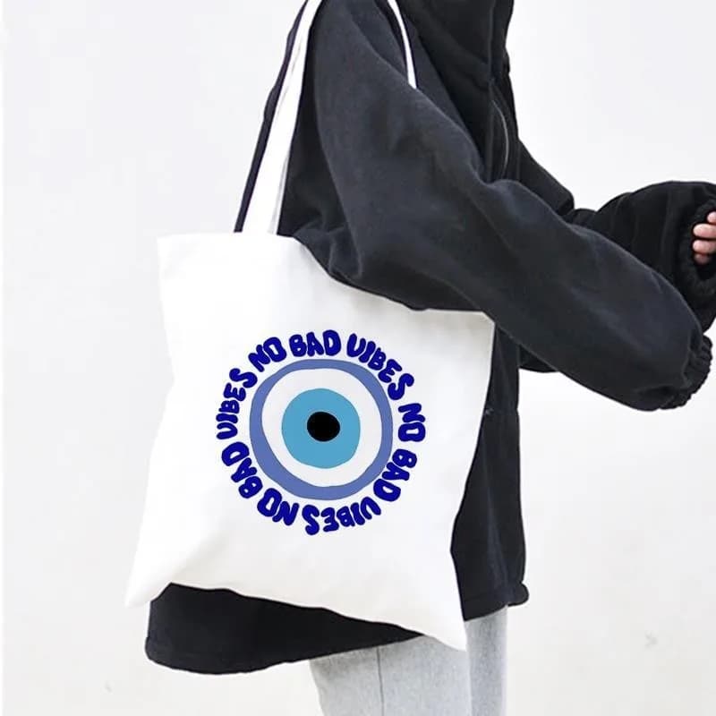Retro Round Evil Eye No Bad Vibes Letter Canvas Tote Bag Soft Handbag For Daily Commute And Casual Outdoor Use