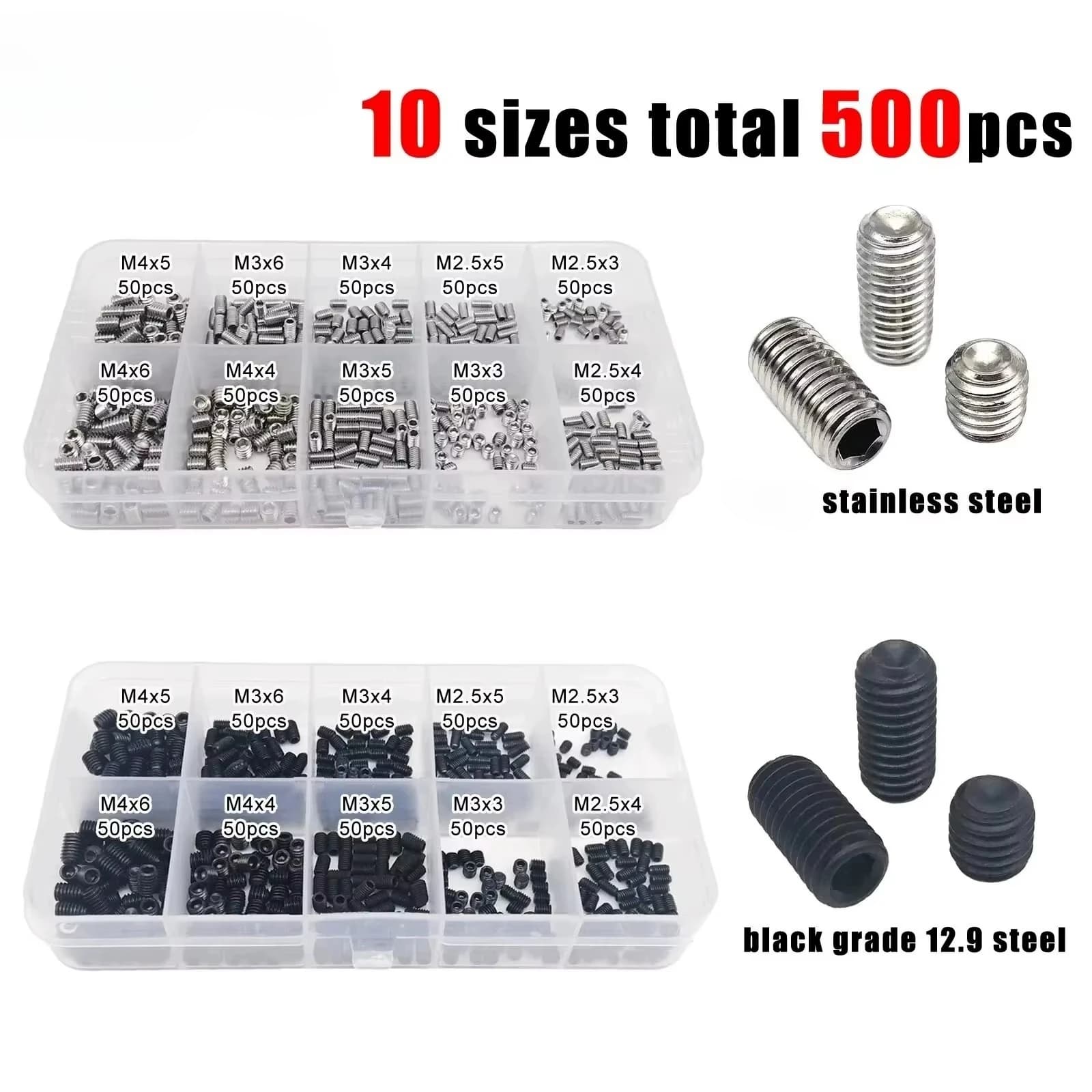 Set of 500 Hexagonal Screws DIN916 with Cuppoint, M2.5 M3 M4, Stainless Steel Grade 12.9, Box Kit