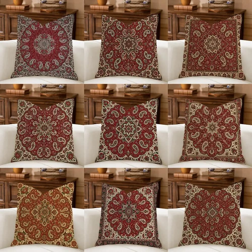 Reddish Brown Bohemian Intricacy Cushion Cover Natural Breathable Durable Linen Printed Decor Pillow Case Sofa Bedroom