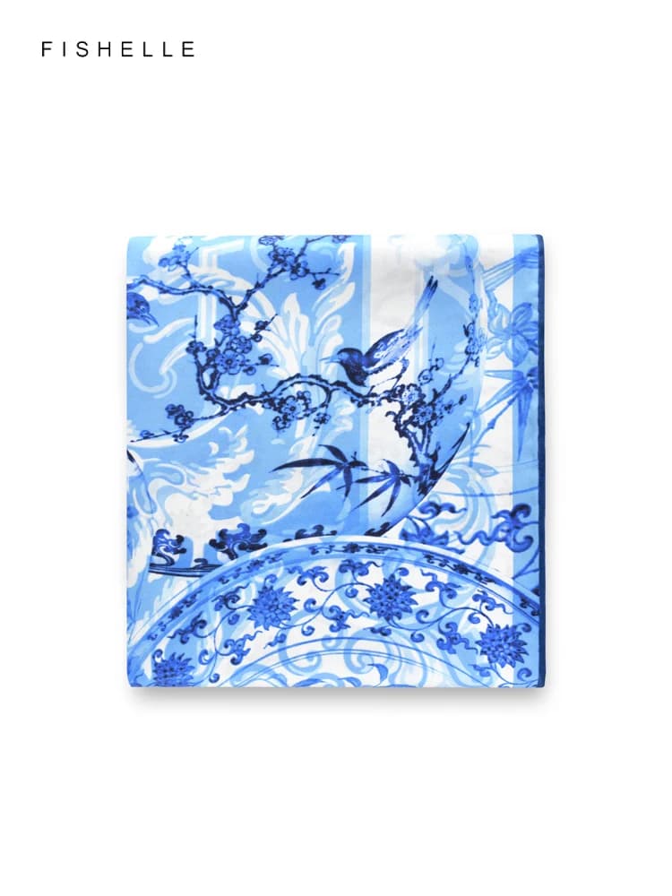 Blue flowers birds 100% natural silk scarf square head twill luxury gift woman wrap bandana hijab shawl lady neckerchief