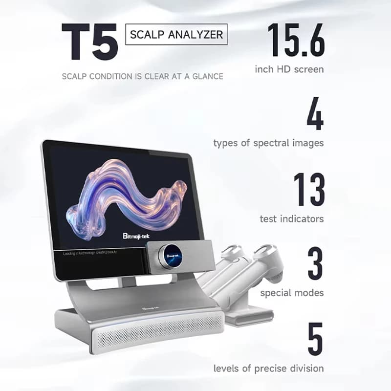 Macchina Intelligente T5 AI per Analisi di Capelli e Cuoio Capelluto, Microscopio HD 50x-200x, Disponibile in 8 Lingue, Rilevatore di Follicoli e Cuoio Capelluto