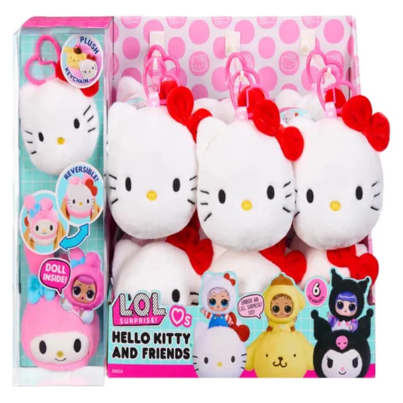 Portachiavi Peluche Reversibile LOL Surprise Hello Kitty & Amici, Ciondolo da Borsa Kawaii da Collezione con Mini Bambola a Sorpresa
