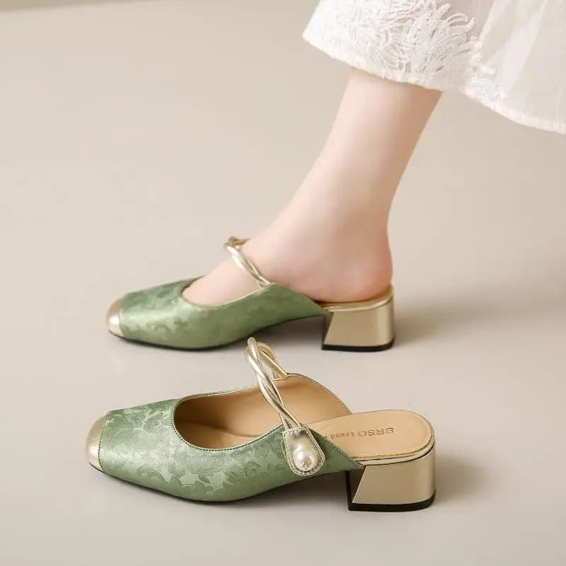 Scarpe eleganti mary jane muli da donna verde slip on tacchi medi donna chic pantofole patchwork nuove ciabatte estive con tacco basso