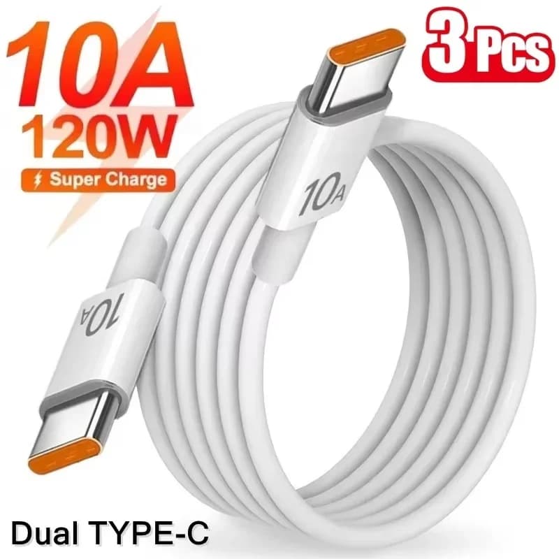 New 120W 10A universal data cable with dual Type-C port for super fast charging, compatible with iPhone, Xiaomi, Huawei, Samsung.
