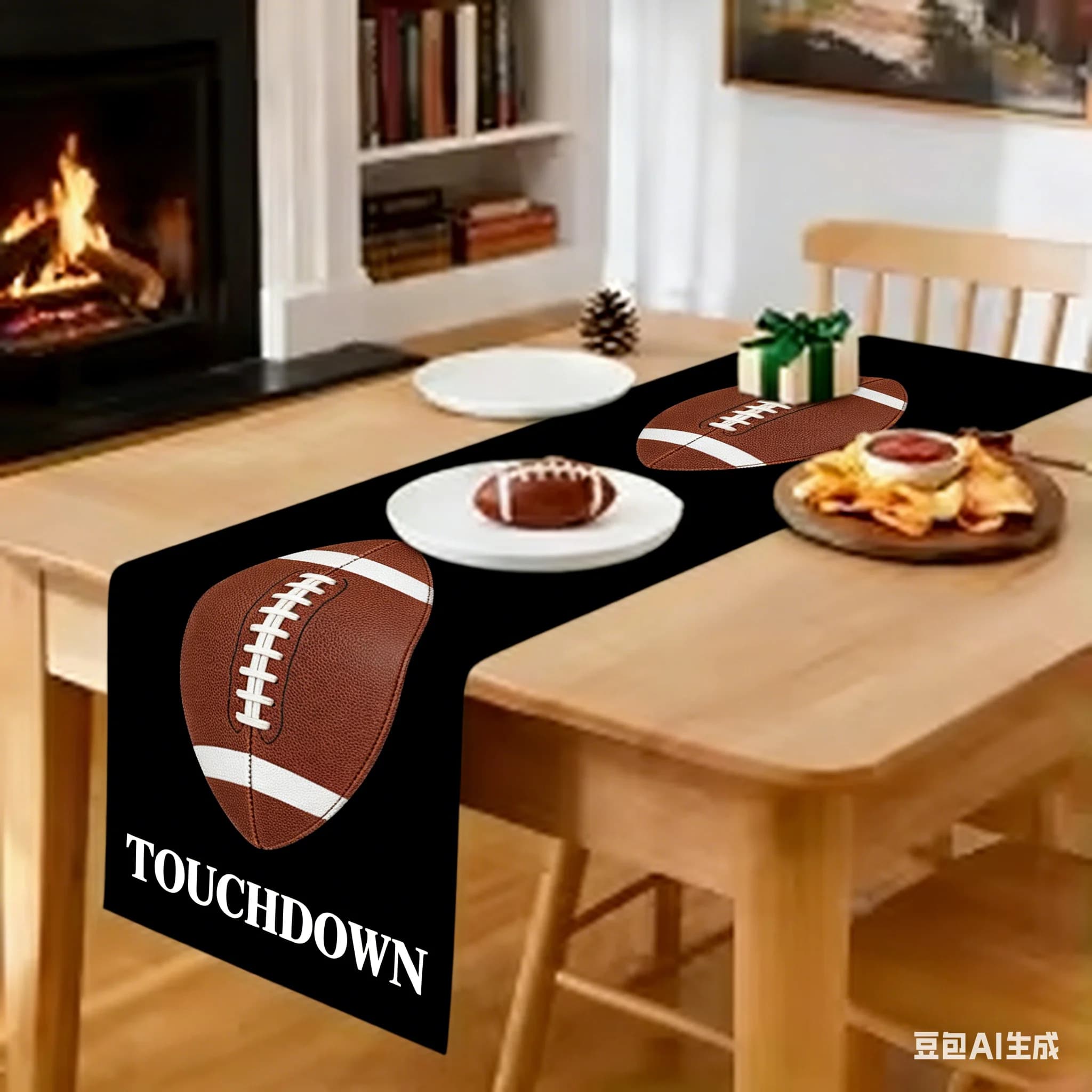 Lino Table Runner with Strip Design Football - Durable Decoration for Sports Home and Fan