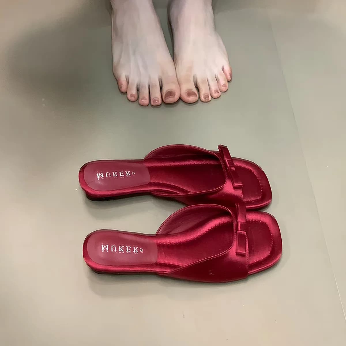 Leg-lengthening French-style Bow Satin Slip-on Evening Wind with Skirt Square-toe Open-toe Wedge Sandals