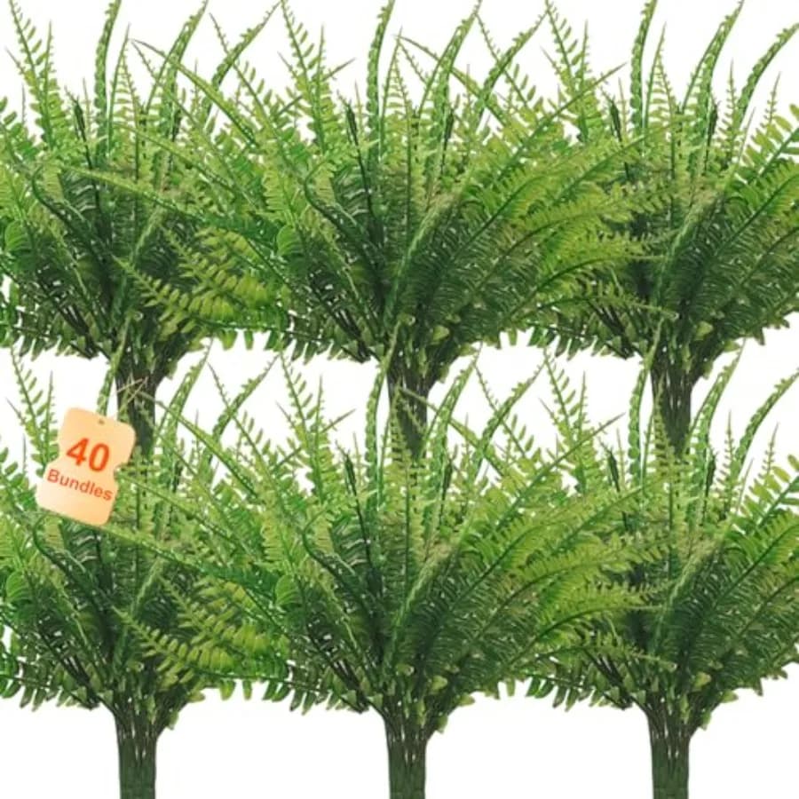 40 Pieces of Artificial Plants from Felce Boston, Fin Plants and Green Shrubs UV Resistant for Home, Office, Garden, Interior and Exterior