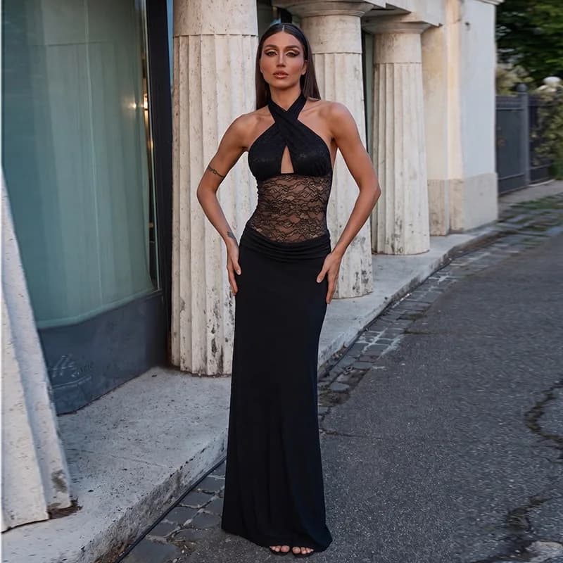 Sexy Lace Halter Neck Dress Cross Patchwork Backless Ruched Elegant Women Summer Evening Dresses.