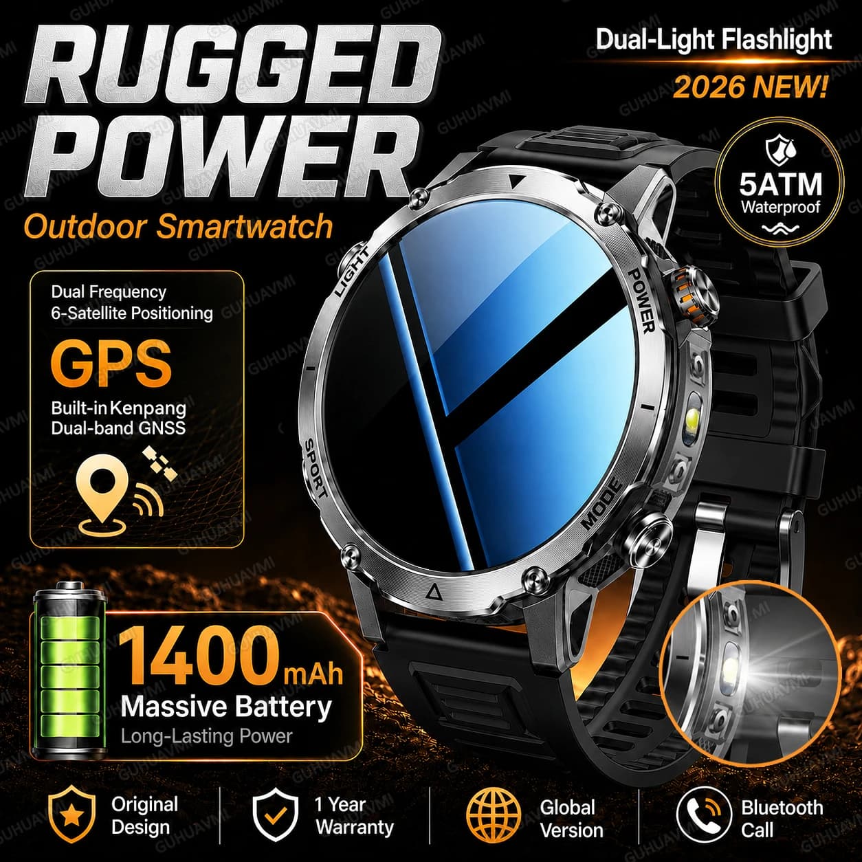 Nuovo Smartwatch Robusto 2026 con Batteria da 1400mAh, Doppia Torcia, Impermeabile 5ATM, GPS, Chiamate Bluetooth, Orologio da Uomo