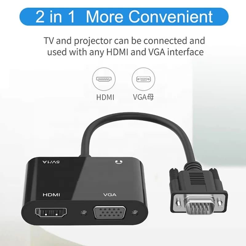 2 In 1 VGA To HDMI VGA Cable Adapter 5V1A Video Converter Splitter With 3.5MM Audio Support For PC