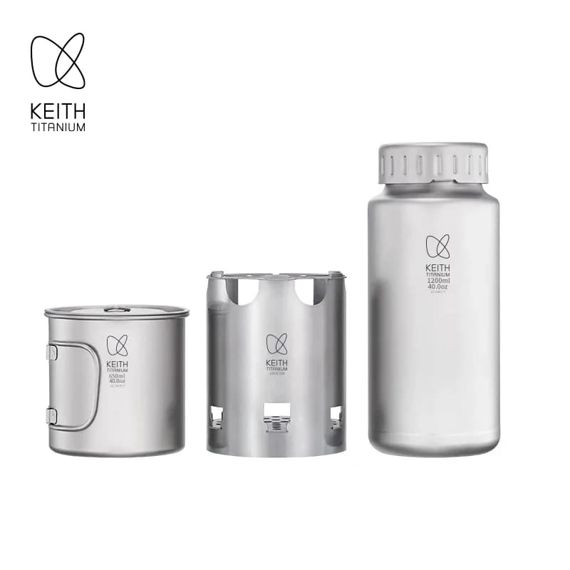 KEITH Pure Titanium Nesting Camping Set 1200ml Water Bottle + 650ml Mug + Titanium Wood Stove Portable Outdoor Cookware kit